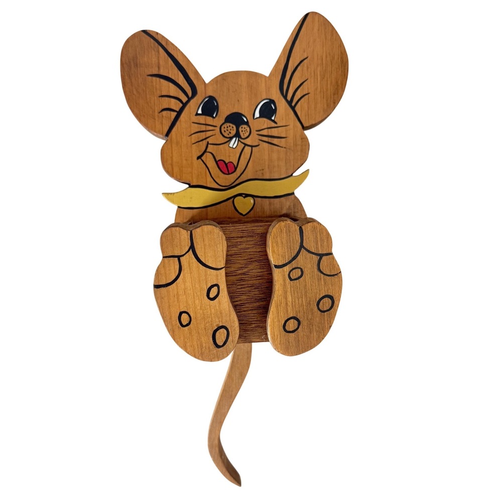 Wood Mouse Wall Pocket Small Brown Hand Painted Kitsch Retro Decor Cottagecore